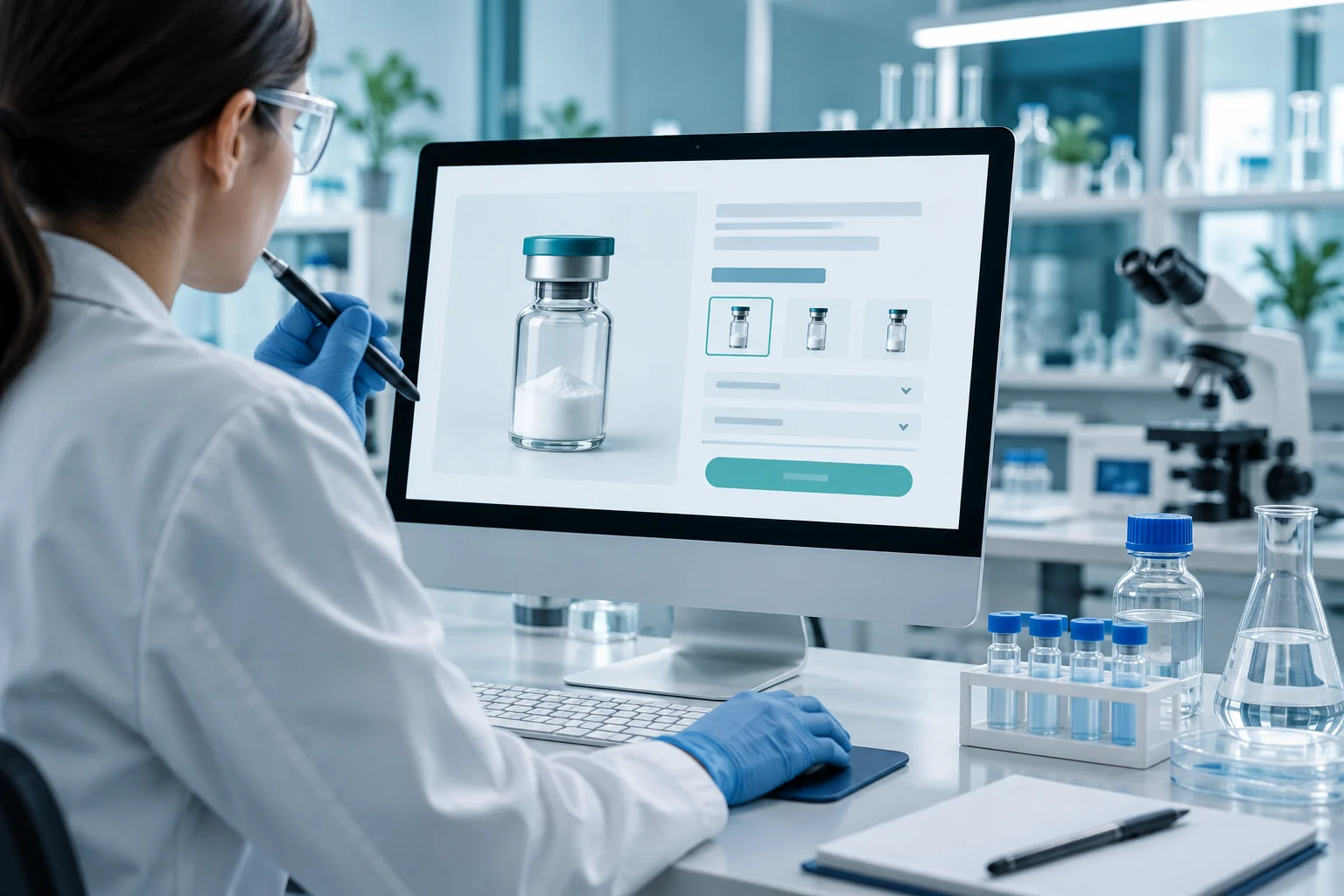 A researcher in a laboratory reviewing a product listing on screen, with the vial image, format options and product details visible
